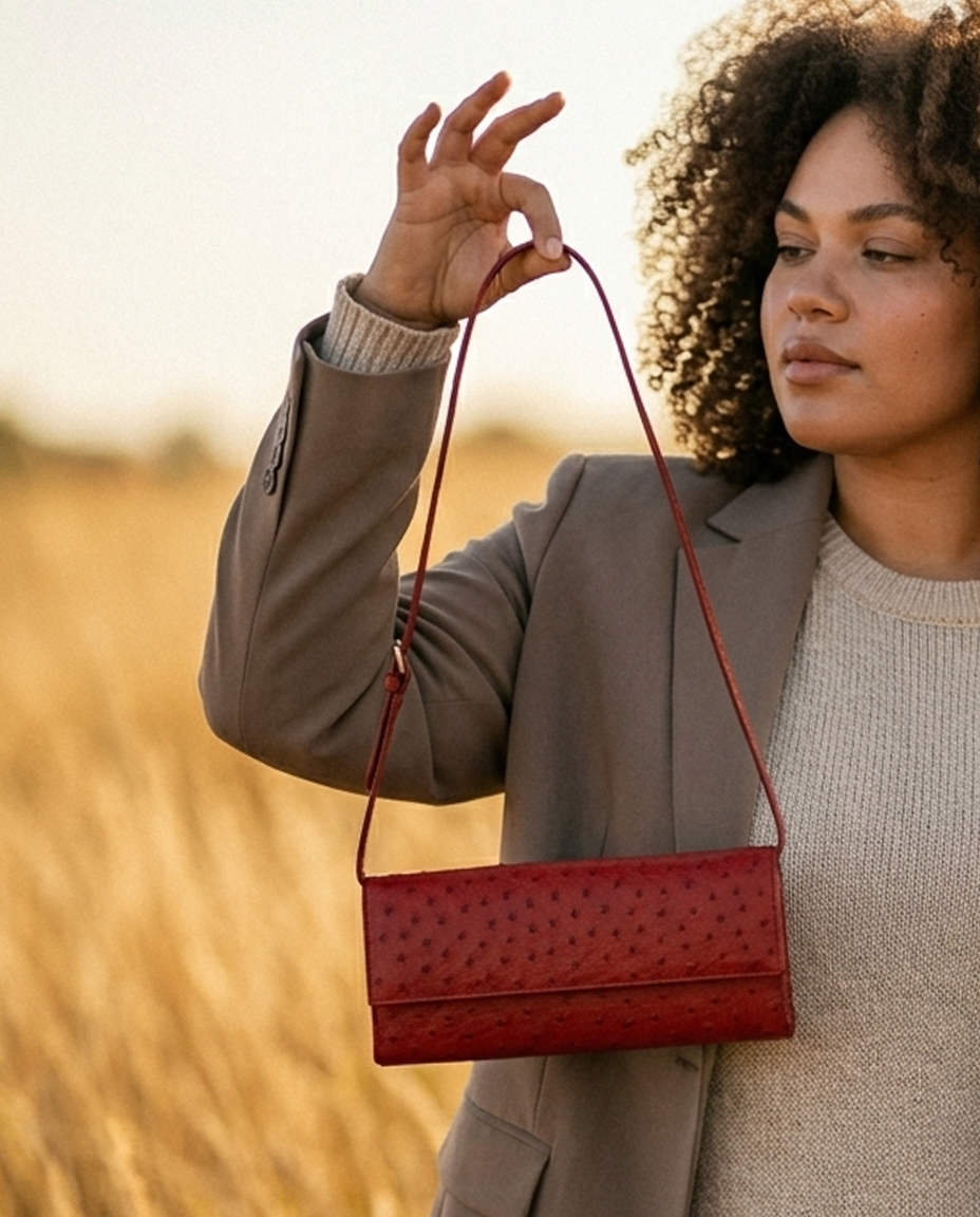 A woman in a beige blazer and knit sweater holds up a red ostrich-embossed clutch bag with a thin shoulder strap against a warm, blurred outdoor background.