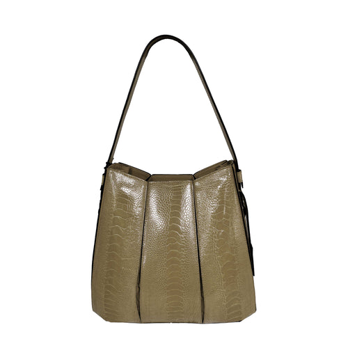 Brown leather handbag with a textured pattern on a white background