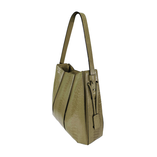 Green handbag with a textured surface on a white background