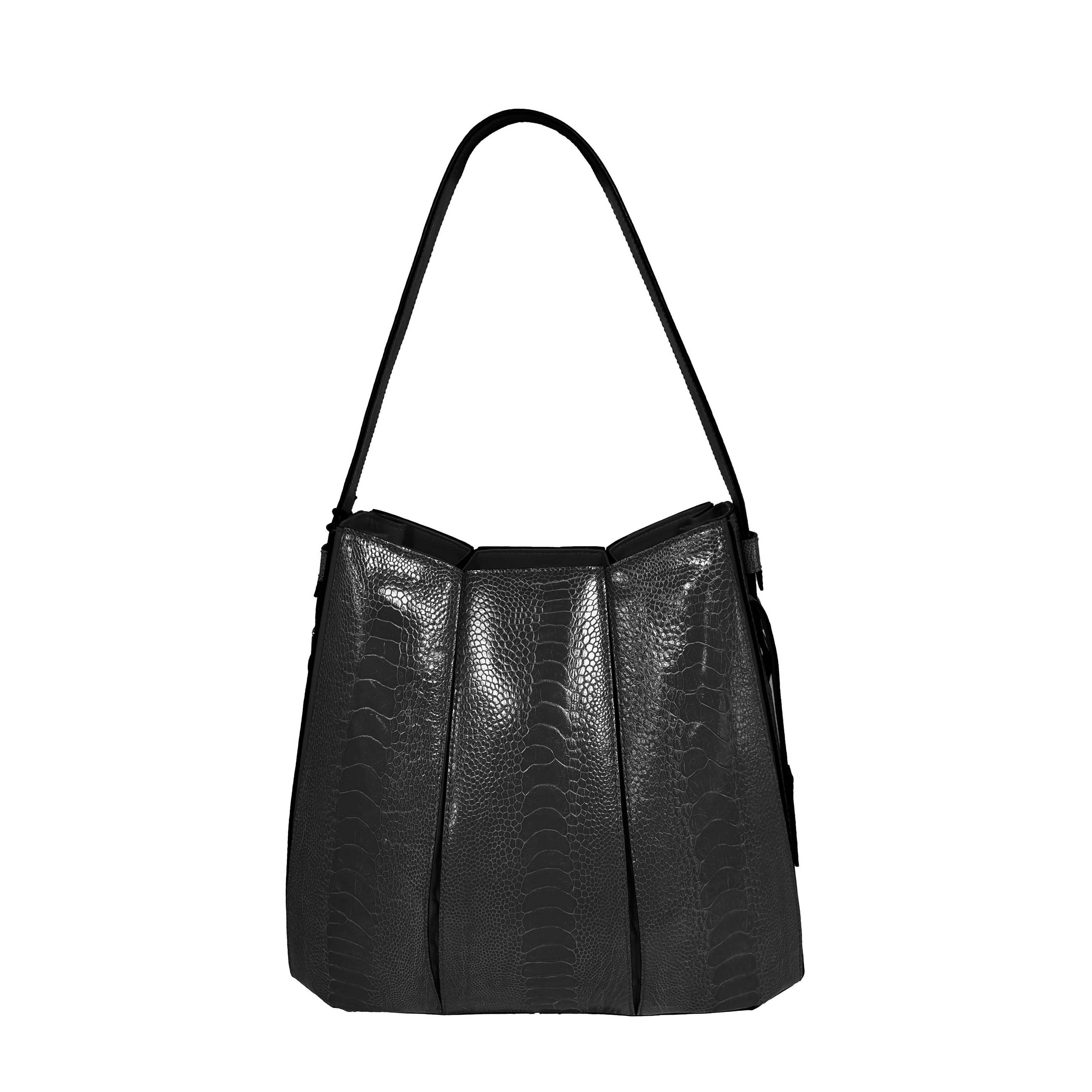 Black textured handbag on a white background