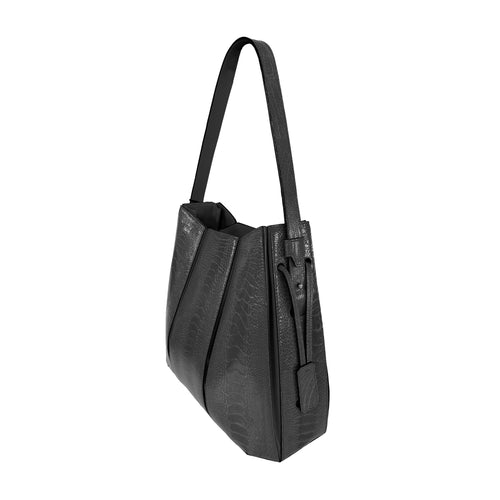 Black handbag with a textured surface on a white background