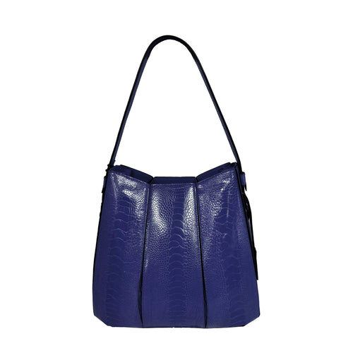 Blue handbag with a textured pattern on a white background
