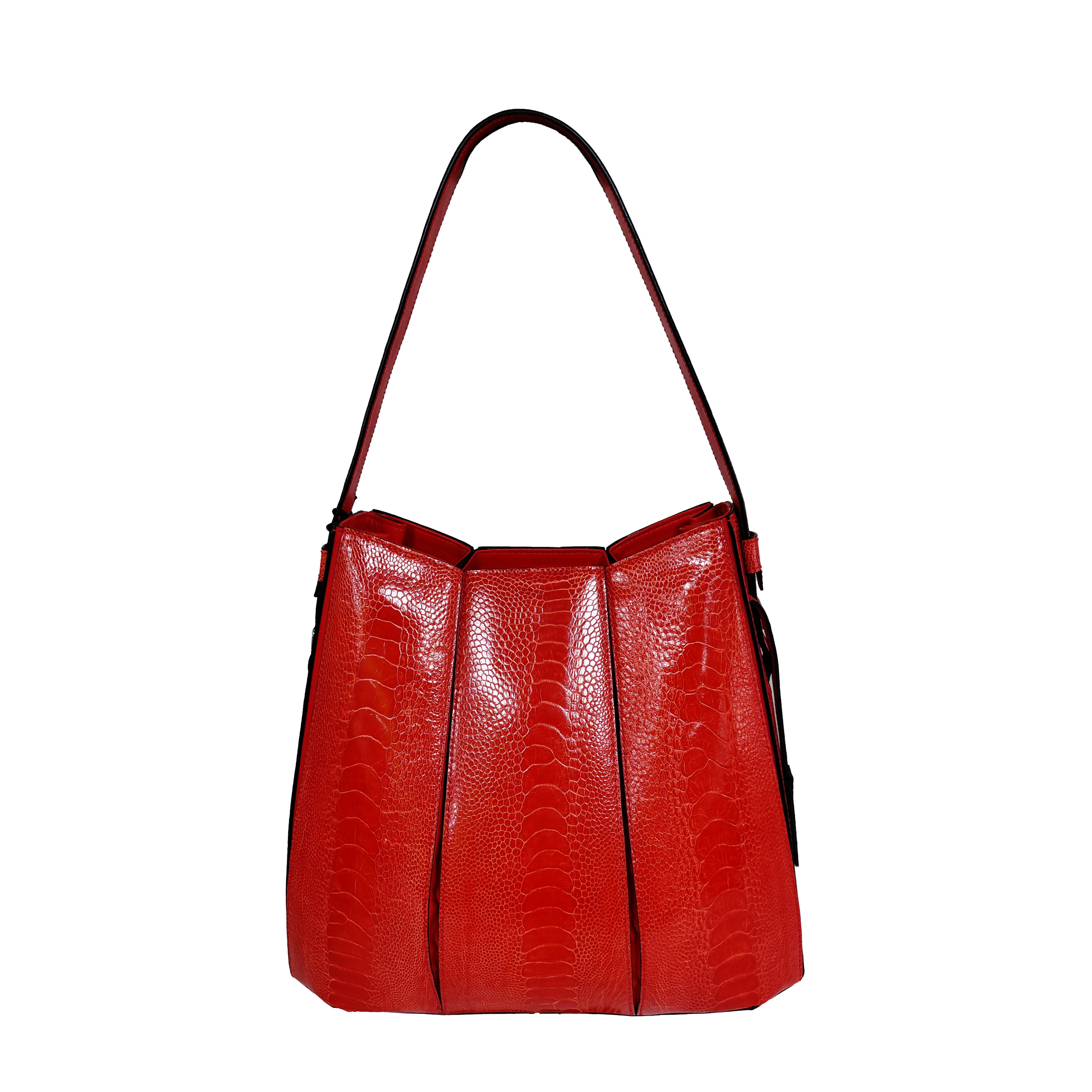 Red textured handbag on a white background
