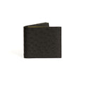 A black leather wallet with a textured pattern on the front and a yellow accent on the back.