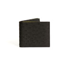 A black leather wallet with a textured pattern on the front and a yellow accent on the back.