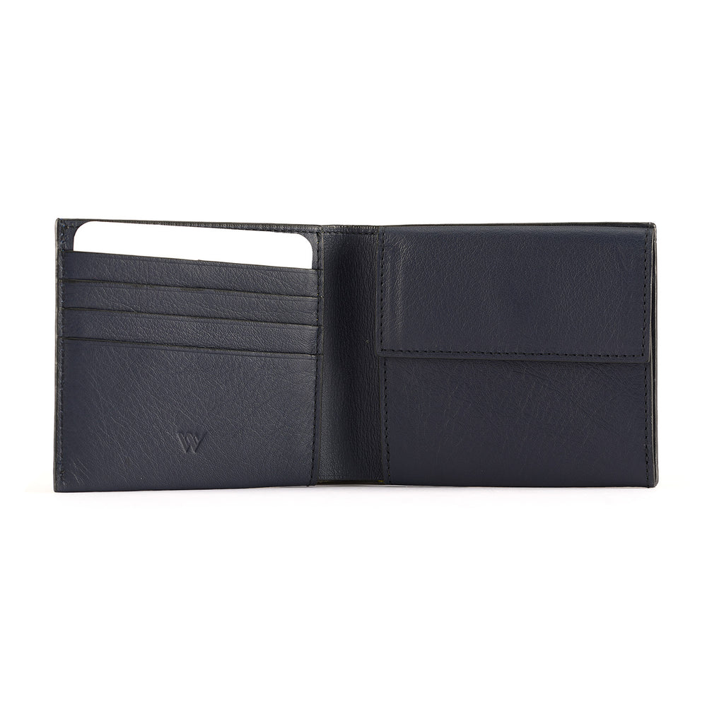 Black leather wallet with card slots on a white background