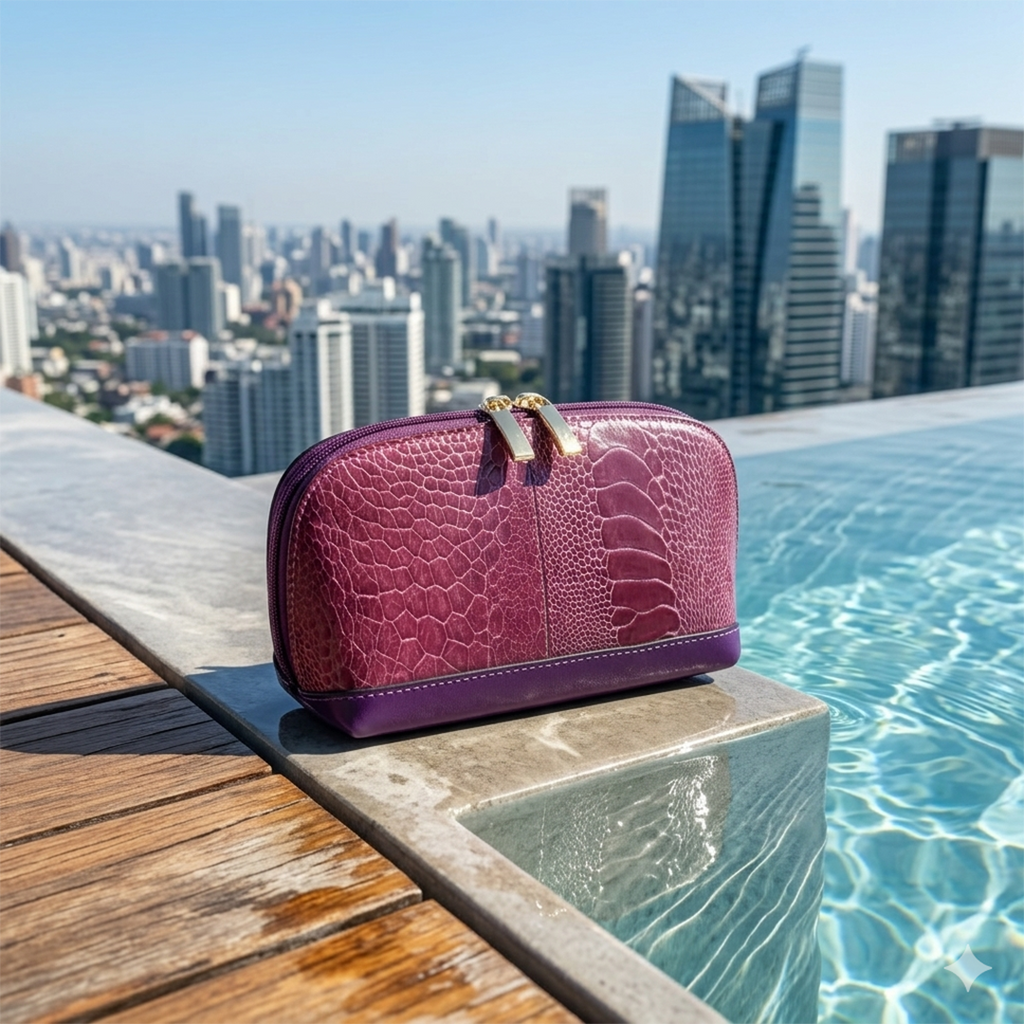 Purple textured handbag on a pool ledge with a city skyline in the background