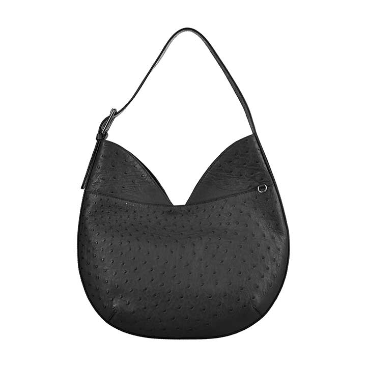 Black textured handbag on a white background
