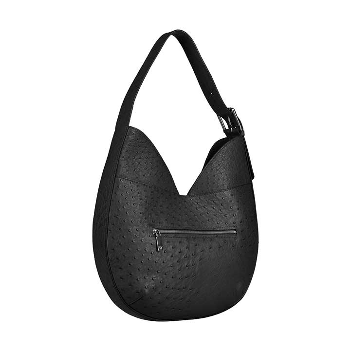 Black handbag with a textured pattern on a white background