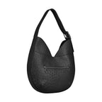 Black handbag with a textured pattern on a white background