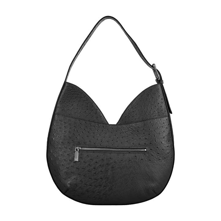 Black handbag with a zipper on a white background