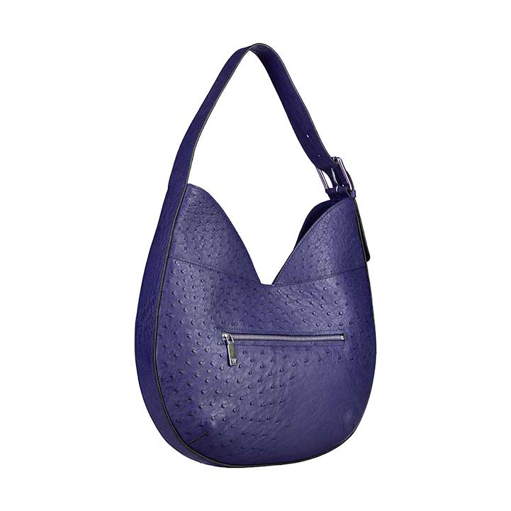 Purple textured handbag with a visible zipper on a white background