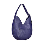 Purple textured handbag with a visible zipper on a white background