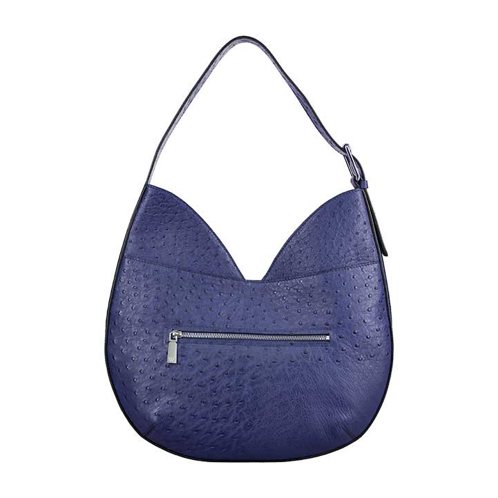 Blue textured handbag with a visible zipper on a white background