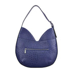 Blue textured handbag with a visible zipper on a white background