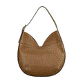 Brown leather handbag with a textured pattern on a white background