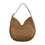 Brown leather handbag with a textured pattern on a white background