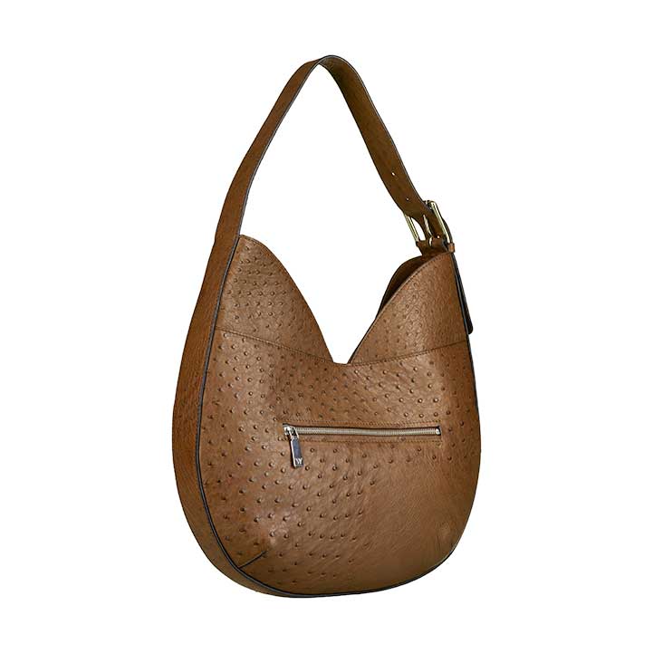 Brown leather handbag with a visible zipper on a white background