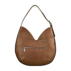 Brown handbag with a visible zipper on a white background