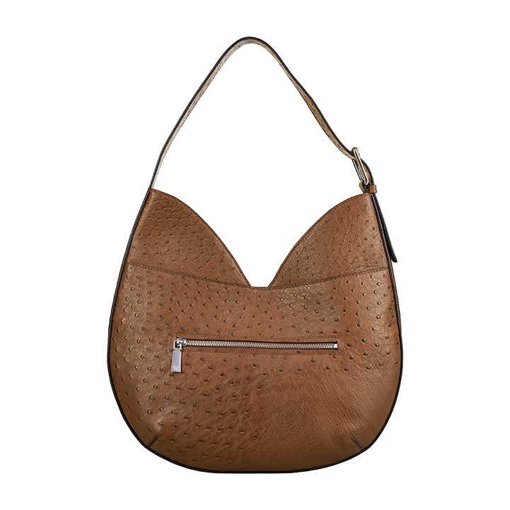 Brown handbag with a visible zipper on a white background
