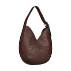Brown textured handbag with a visible zipper on a white background