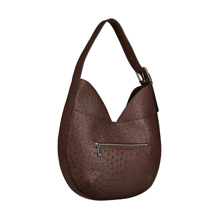 Brown textured handbag with a visible zipper on a white background