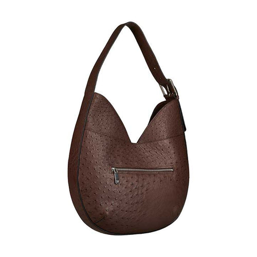 Brown textured handbag with a visible zipper on a white background