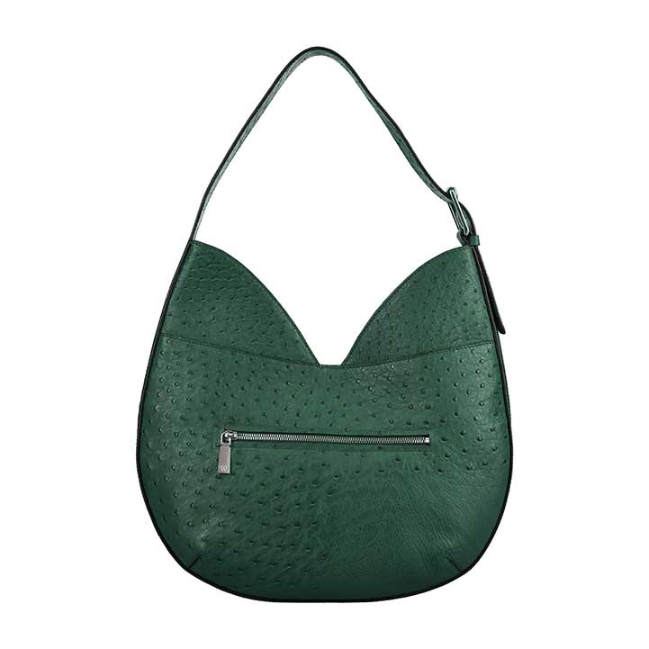 Green handbag with a zipper on a white background