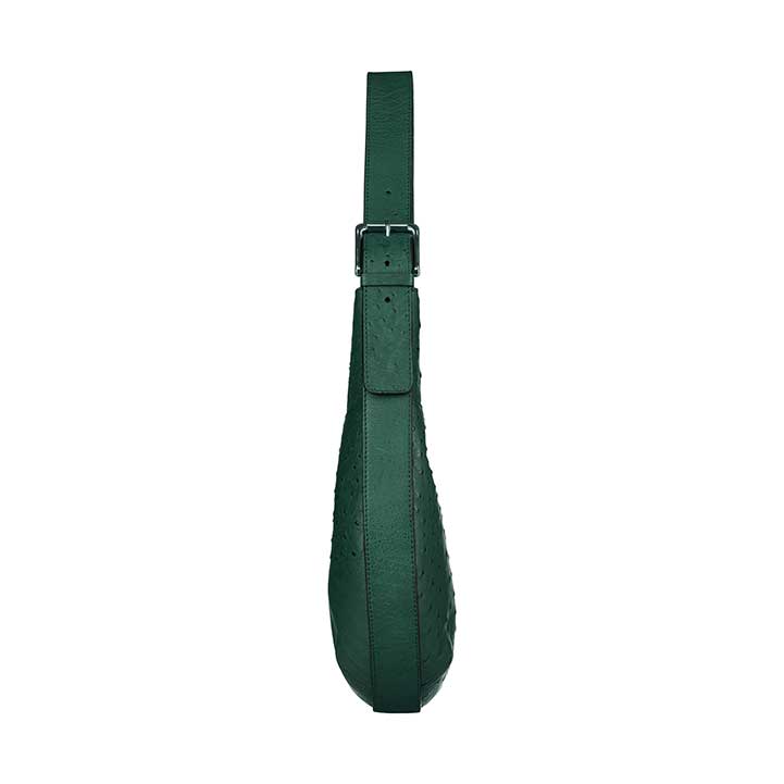 Green leather strap with a buckle on a white background