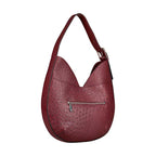 Red handbag with a textured pattern on a white background