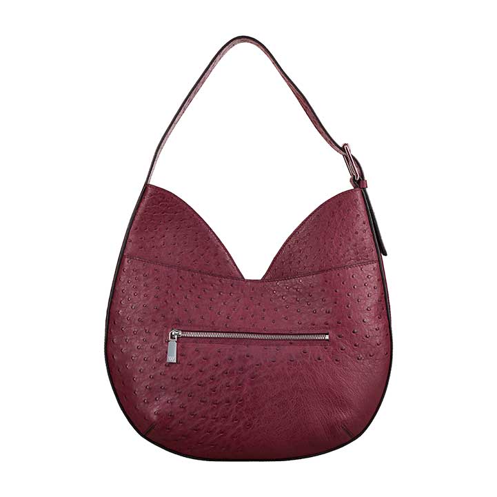 Maroon handbag with a visible zipper on a white background