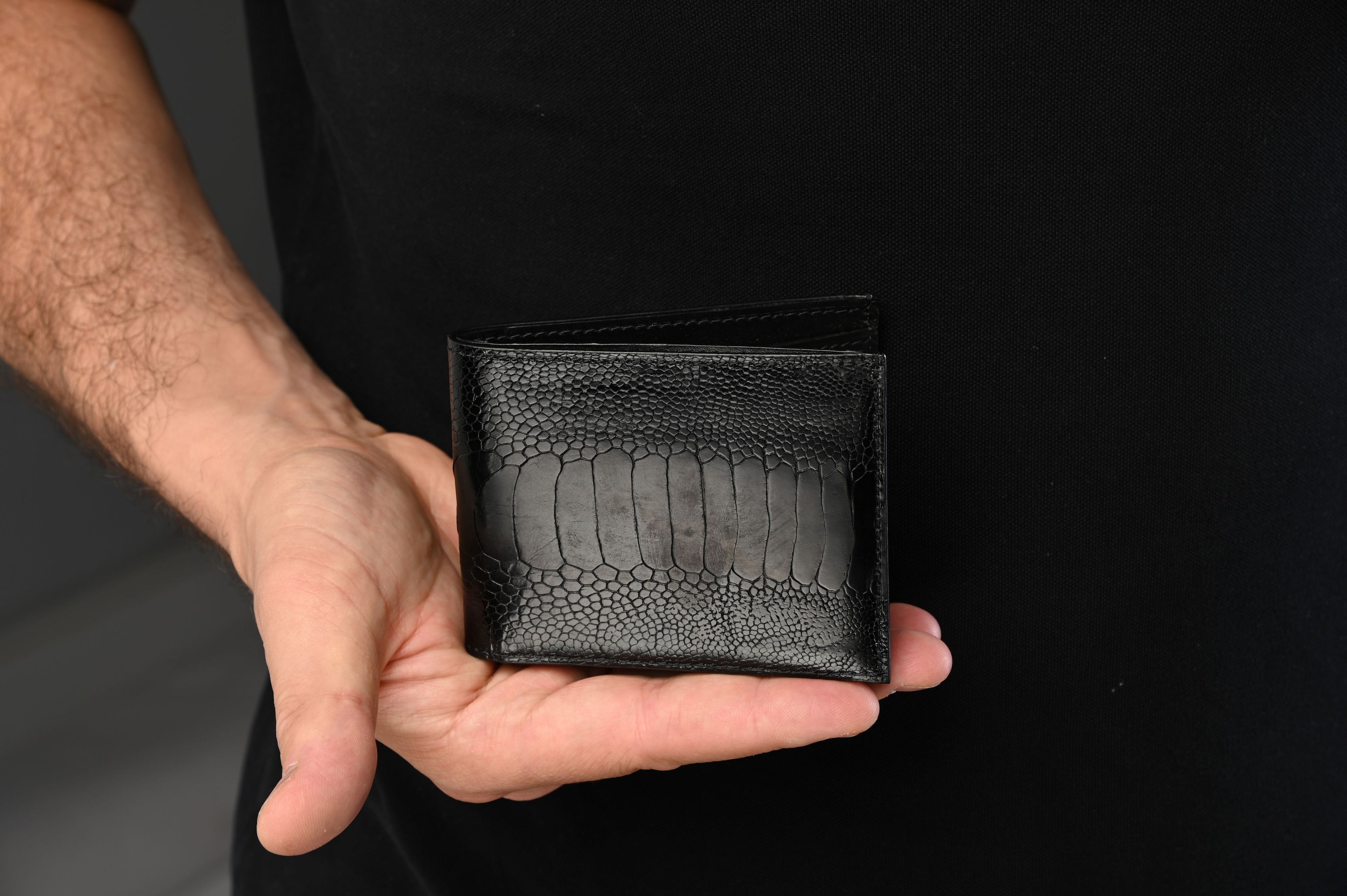 Alaska — Black African Ostrich Leg Leather Bi-Fold Wallet