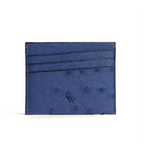 A blue card holder with multiple card slots and a small amount of cash, made from ostrich quill leather.