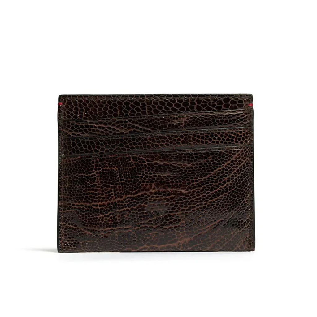 A brown leather card holder with multiple card slots and a cash compartment.