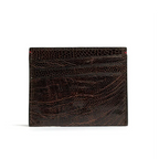 A brown leather card holder with multiple card slots and a cash compartment.