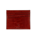 A red leather card holder with multiple card slots and a cash compartment, featuring an embossed pattern.