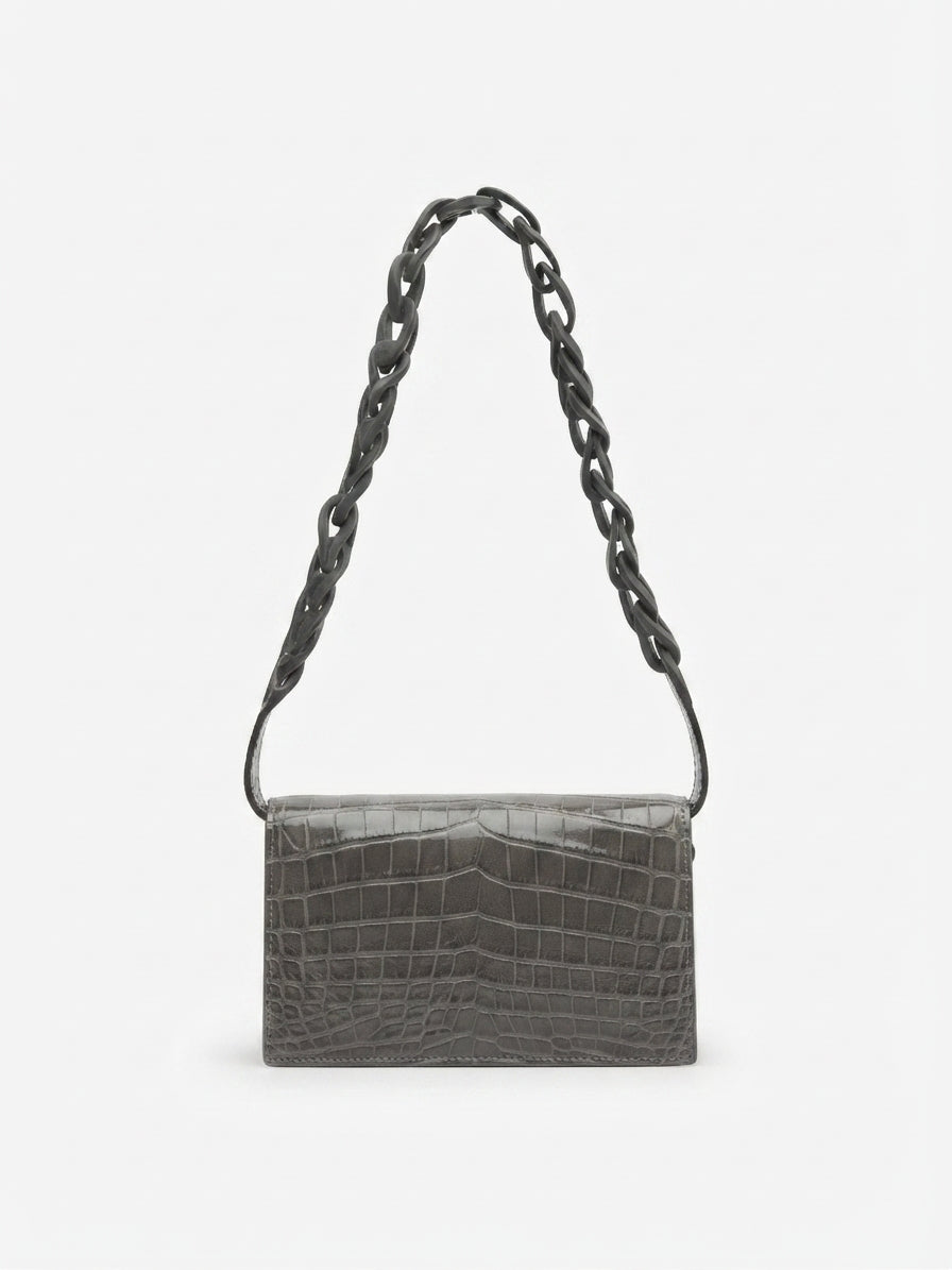 Georgia — Grey Nile Crocodile Belly Leather Clutch Bag with Removable Link Strap