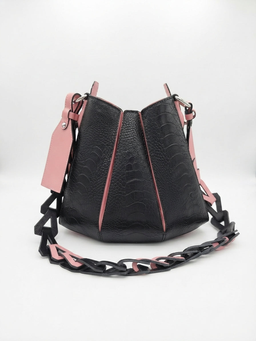 Luna - Black with Pink African Ostrich Leg Leather Shoulder Bag