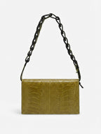 Georgia — Lime Green African Ostrich Leg Leather Clutch Bag with Removable Link Strap