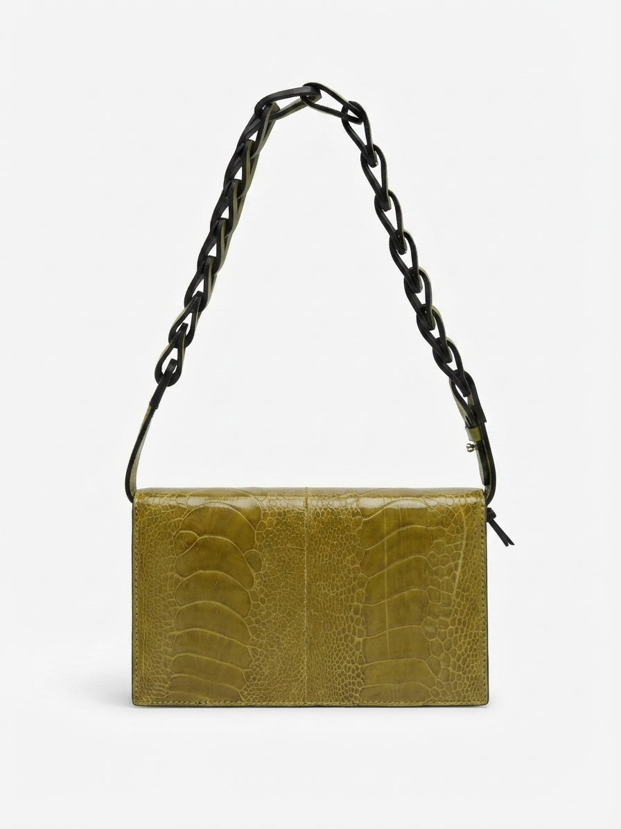Georgia — Lime Green African Ostrich Leg Leather Clutch Bag with Removable Link Strap