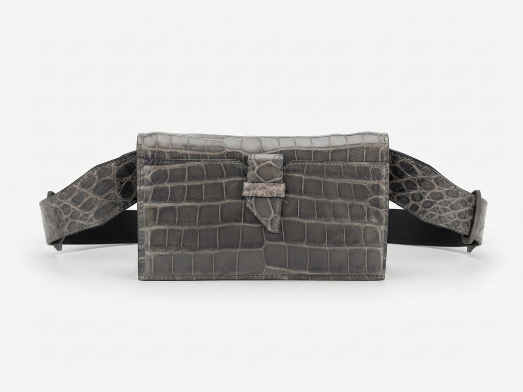 Georgia — Grey Nile Crocodile Belly Leather Clutch Bag with Removable Link Strap