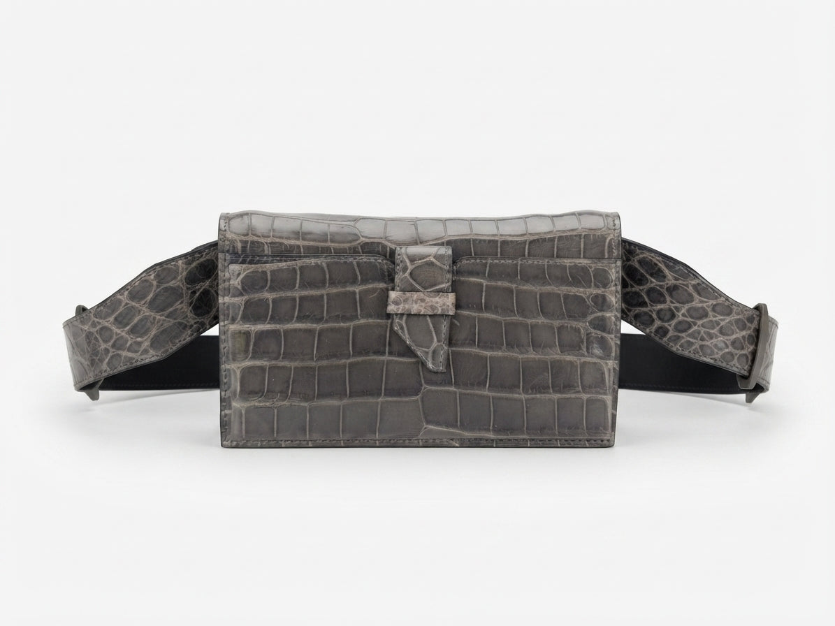 Georgia — Grey Nile Crocodile Belly Leather Clutch Bag with Removable Link Strap