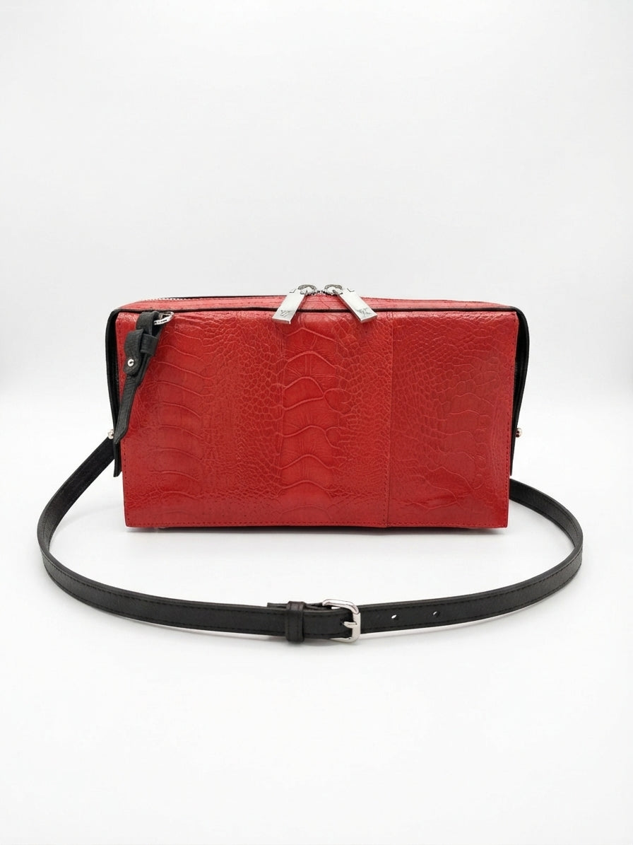 Lex -Red African Ostrich Leg Leather Crossbody Bag