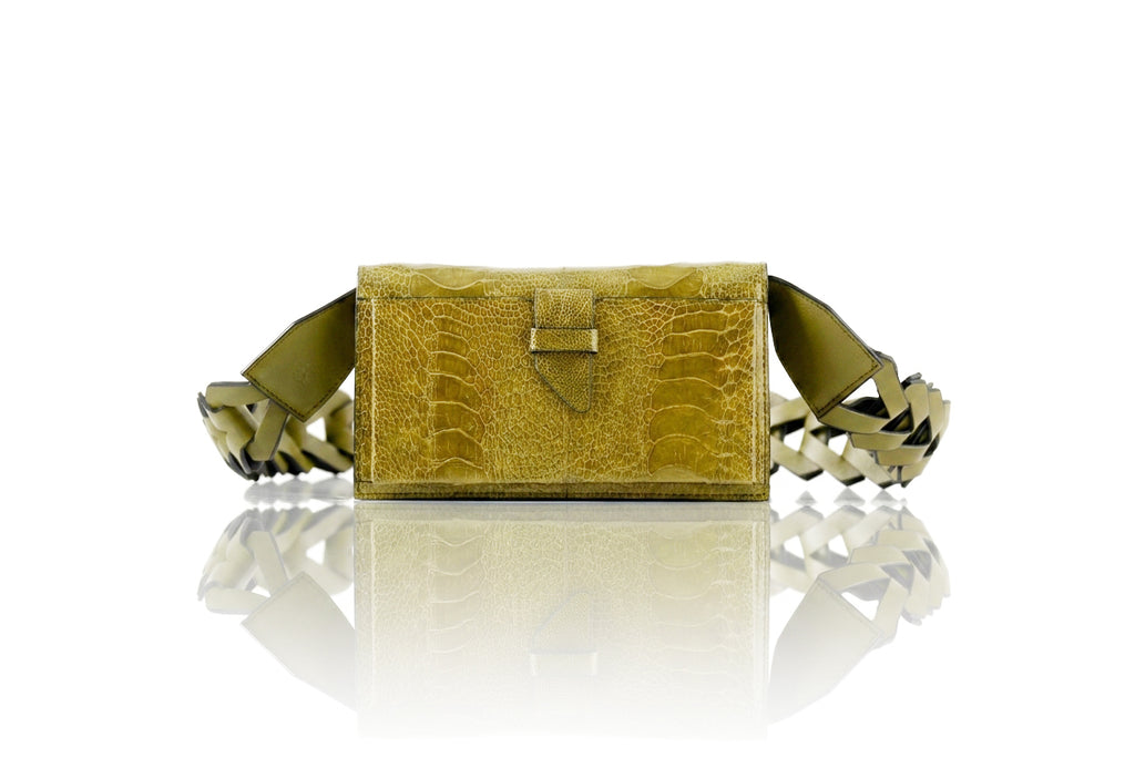 Georgia — Lime Green African Ostrich Leg Leather Clutch Bag with Removable Link Strap