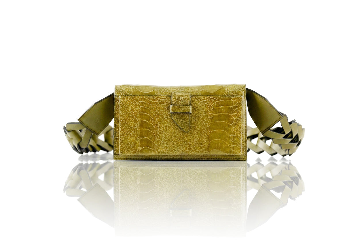 Georgia — Lime Green African Ostrich Leg Leather Clutch Bag with Removable Link Strap
