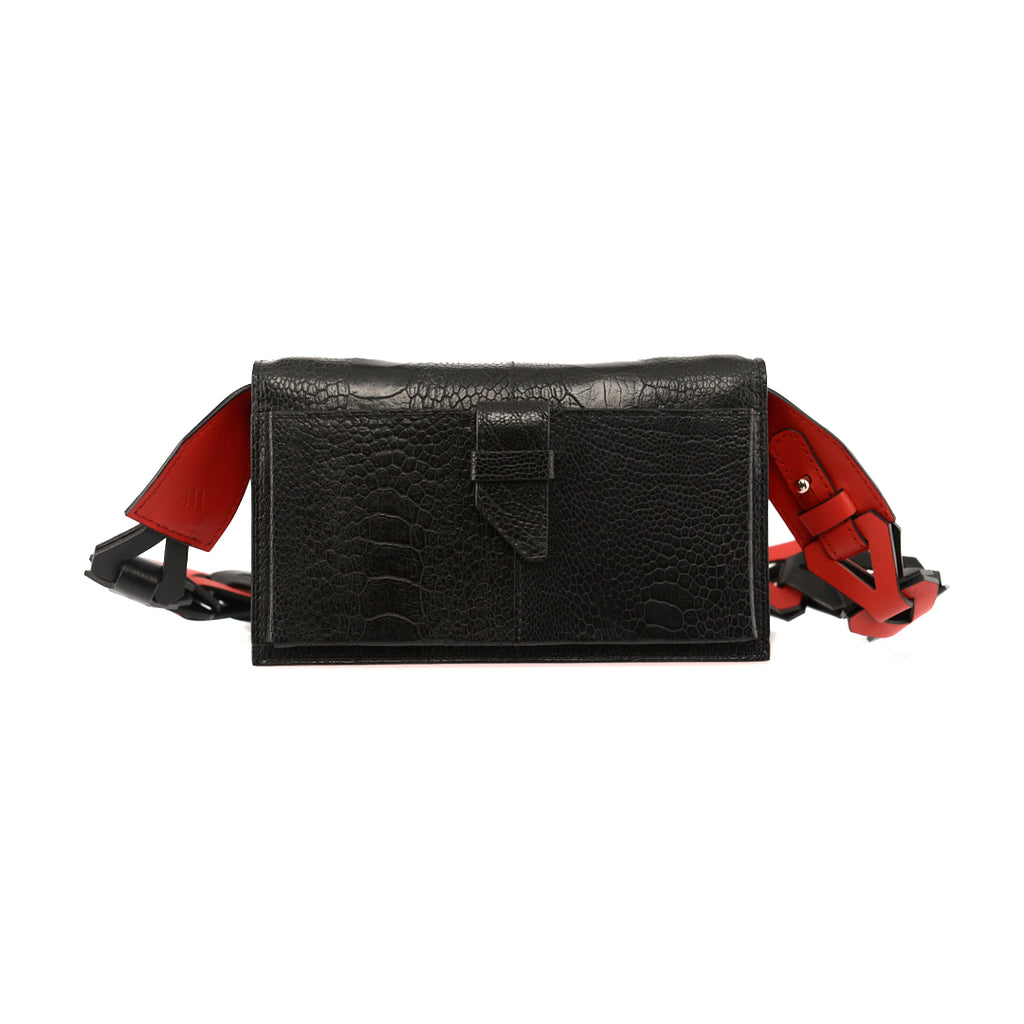 Georgia — Black Limited Edition African Ostrich Leg Leather Clutch Bag with Red Gussets