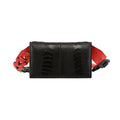A black leather purse with red details on the straps, featuring a compact design and a removable strap.