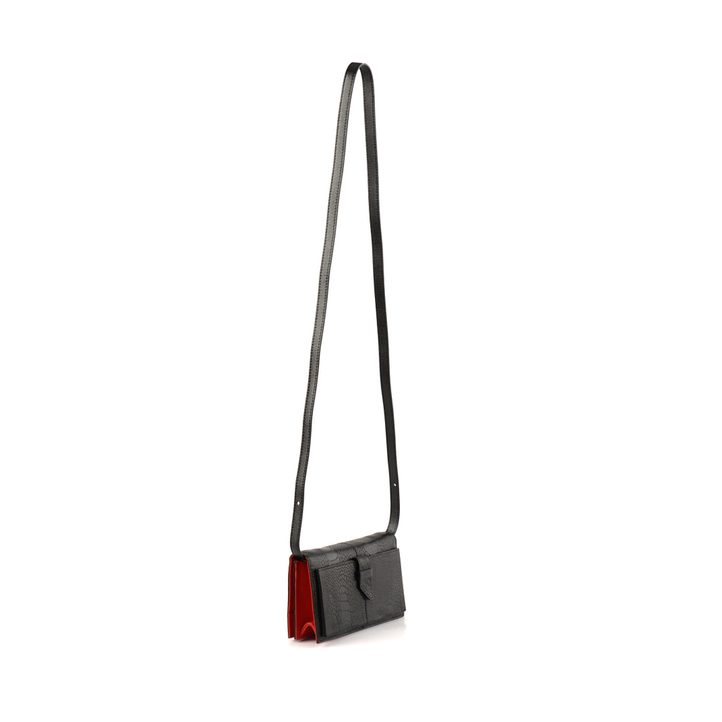 Georgia — Black Limited Edition African Ostrich Leg Leather Clutch Bag with Red Gussets