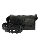 Black crocodile-patterned belt bag with a woven strap on a white background