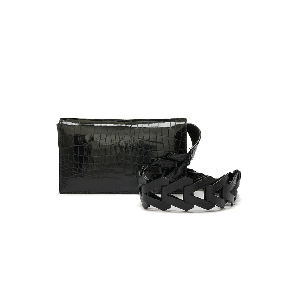 Georgia — Black Nile Crocodile Belly Leather Clutch Bag with Removable Link Strap